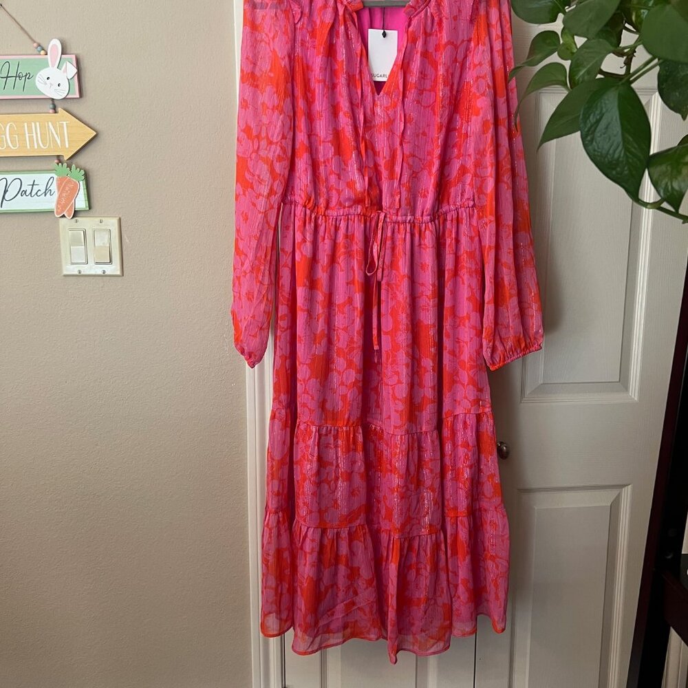 NWT Women's SugarLips Pink & Red Floral Long Sleeve Tiered Dress - Medium